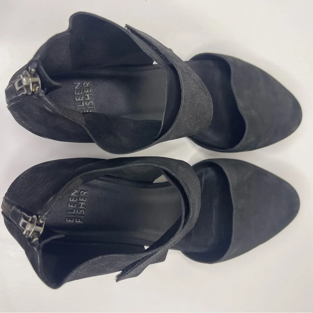 Eileen Fisher Women’s 7.5 Black Tumbled Nubuck‎ Suede Pointed Toe Strap Shoes